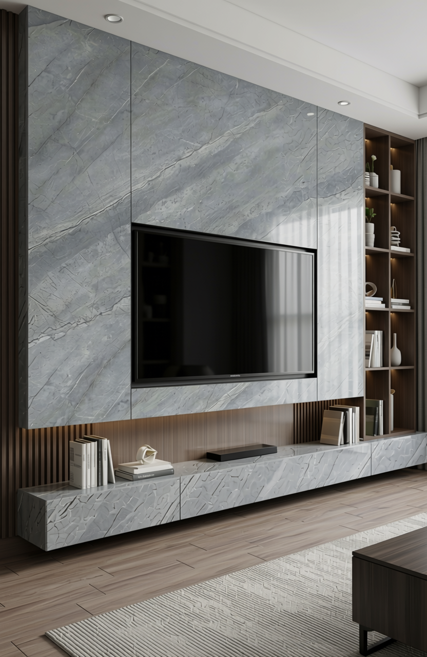 Grey marble laminate with diagonal streaks and glossy finish.
