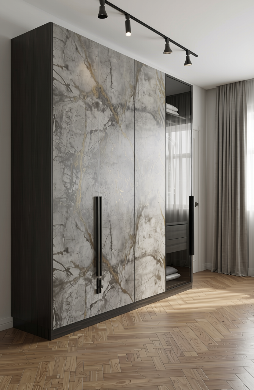 Grey marble laminate with glossy finish, veining pattern, and textured surface.