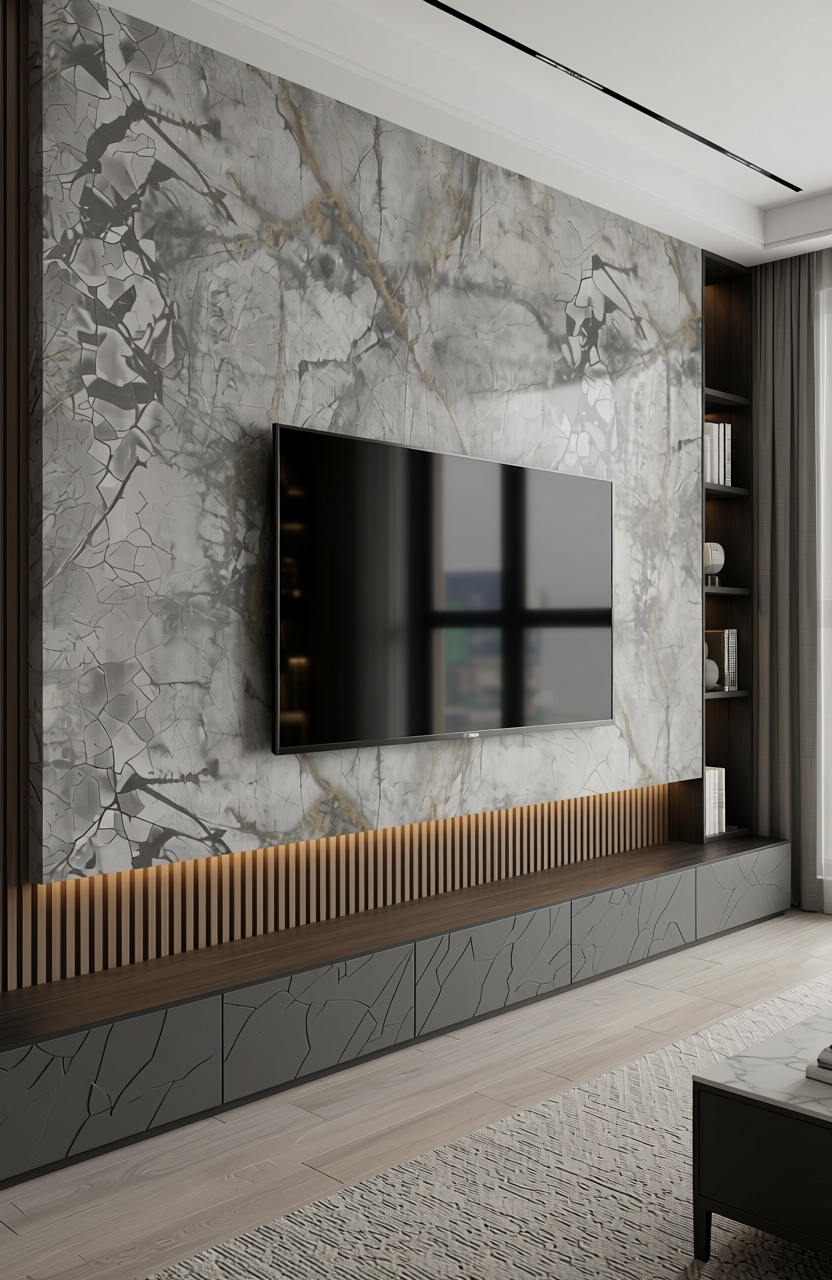 Grey marble laminate with glossy finish, veining pattern, and textured surface.