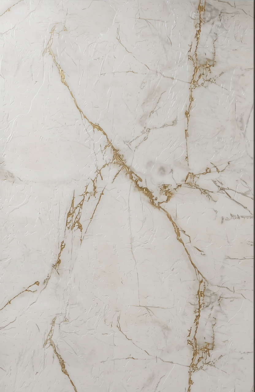 White marble laminate with gold veining and glossy finish.