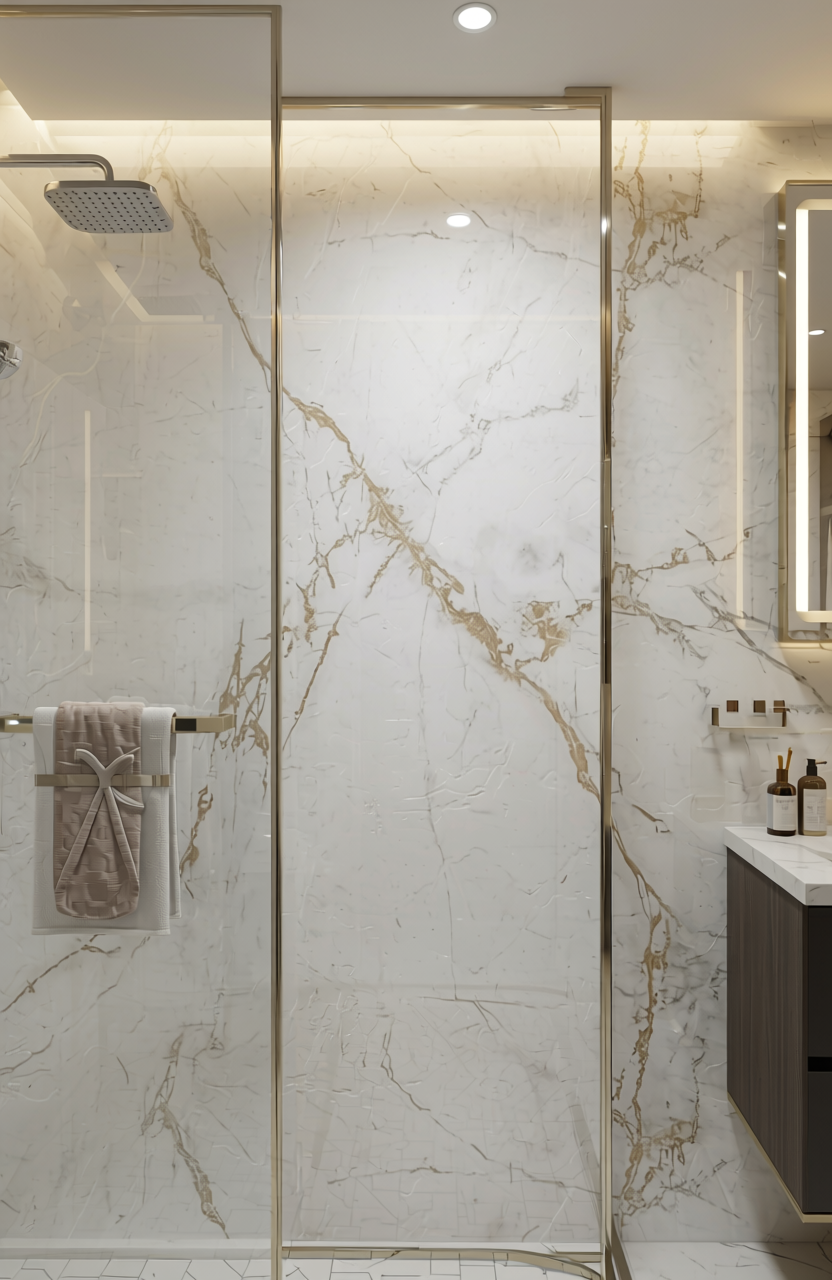 White marble laminate with gold veining and glossy finish.