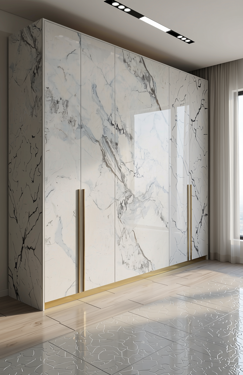 White marble laminate with gray veining and textured finish.