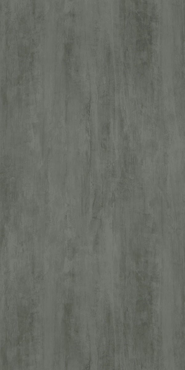 Grey wood grain decorative laminate with suede finish and textured vertical pattern.