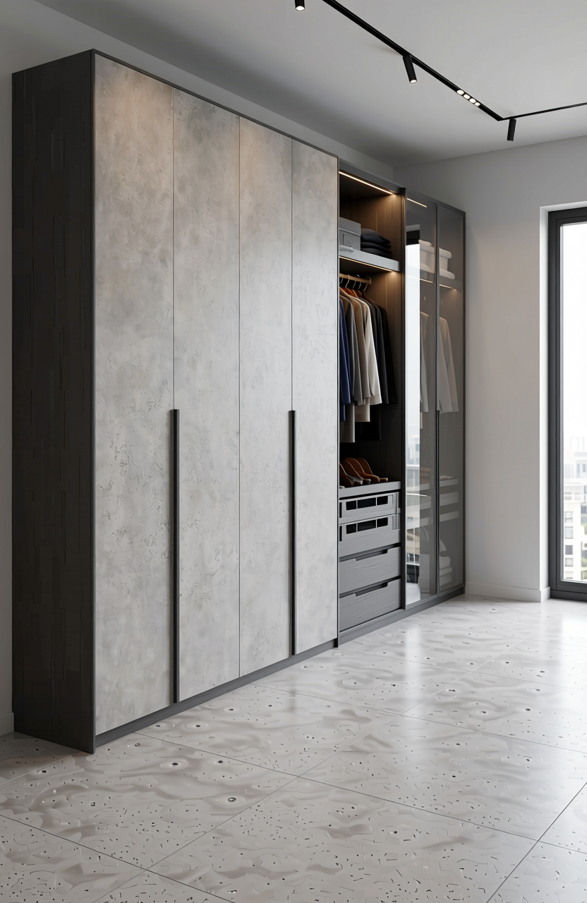 Grey matte laminate with textured surface and subtle speckled pattern.