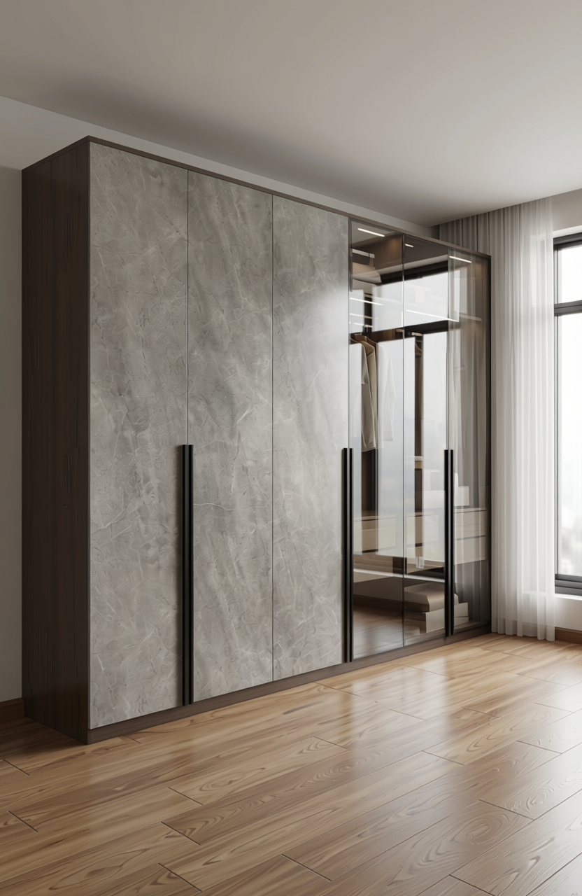 Grey matte laminate with marble-like texture and subtle white veining pattern.