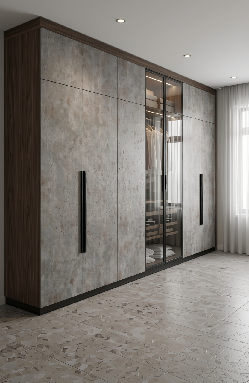 Grey laminate with textured, mottled pattern and subtle red undertones.