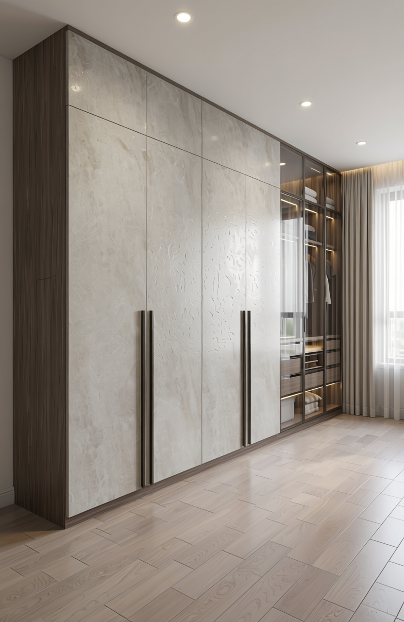 Glossy grey laminate with marble-like texture and subtle veining pattern.