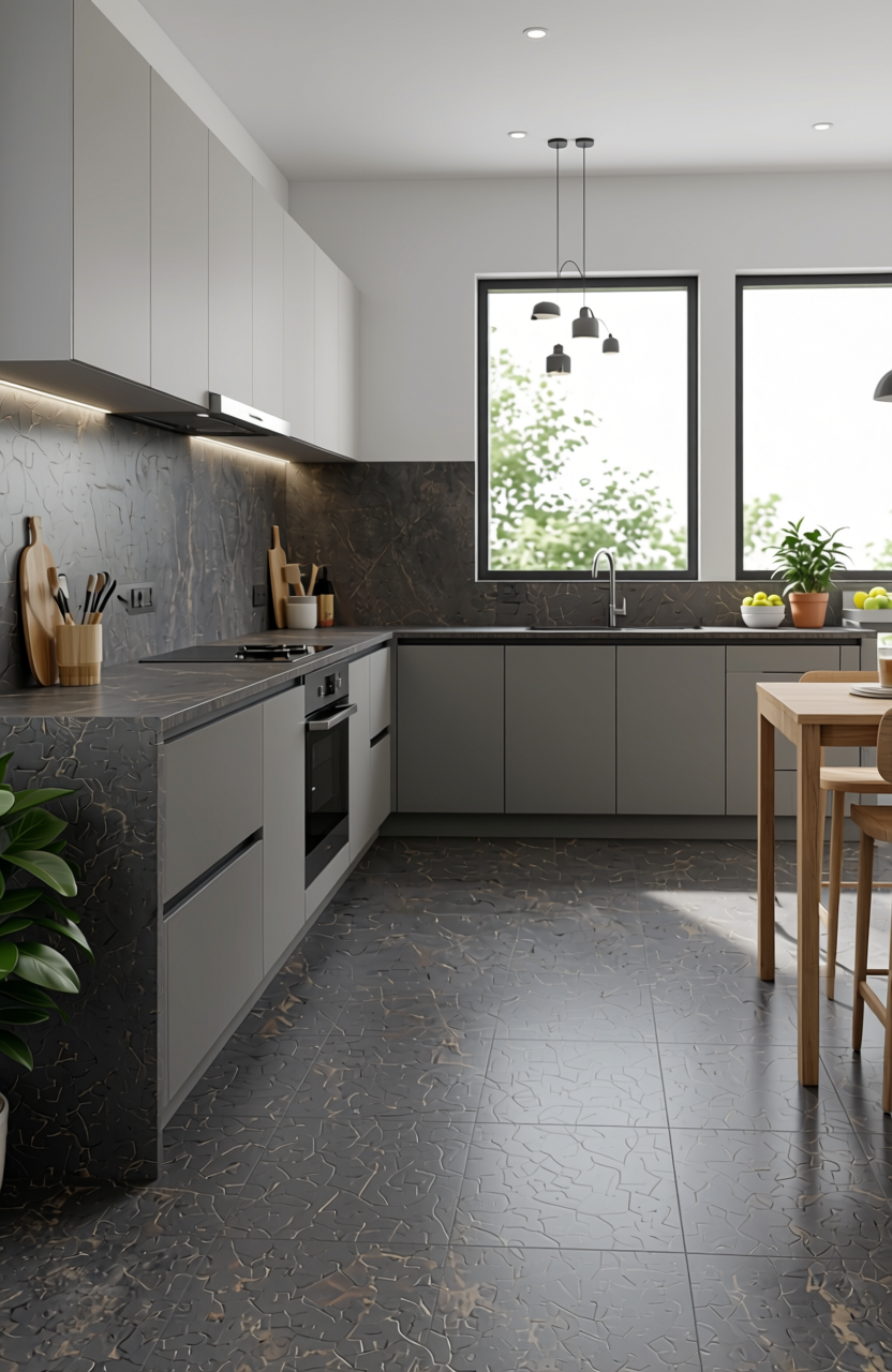Grey marble laminate with matte finish and subtle beige veining throughout.