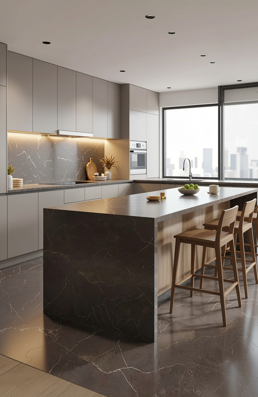 Brown laminate with marble-like texture and white veining pattern.