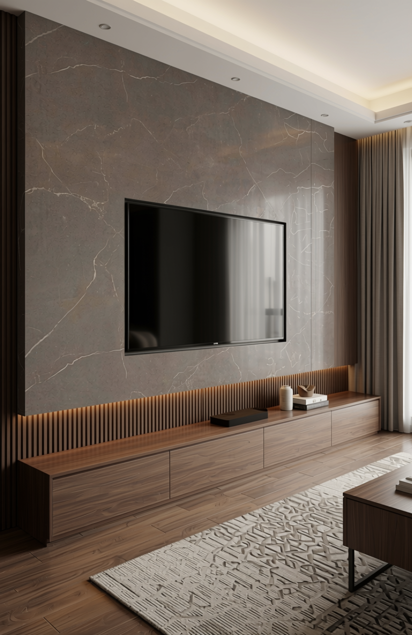 Brown laminate with marble-like texture and white veining pattern.