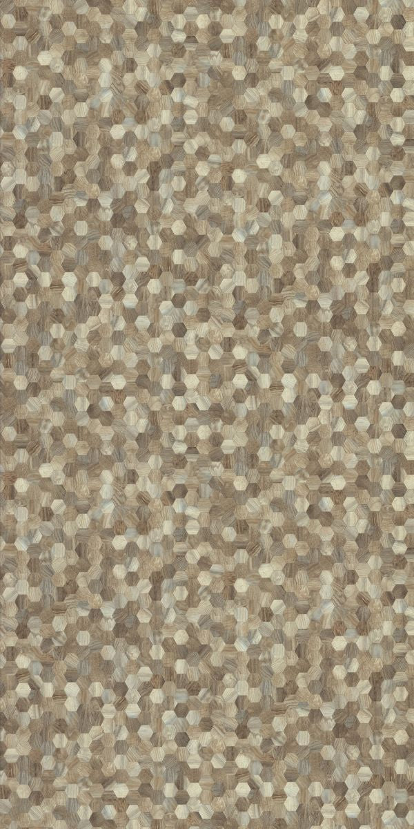 Multi-colour suede finish decorative laminate with hexagonal pattern and textured surface.
