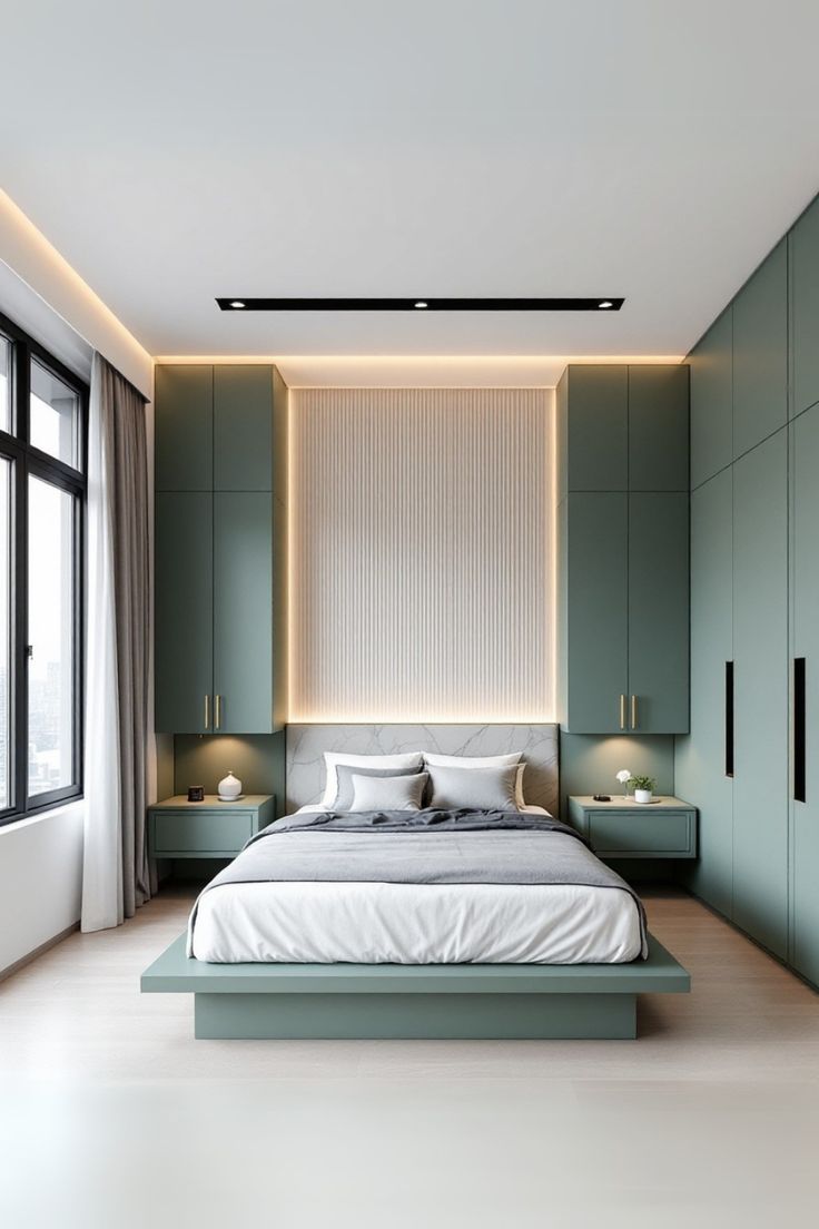Green matte laminate bedroom with white fluted wall panel