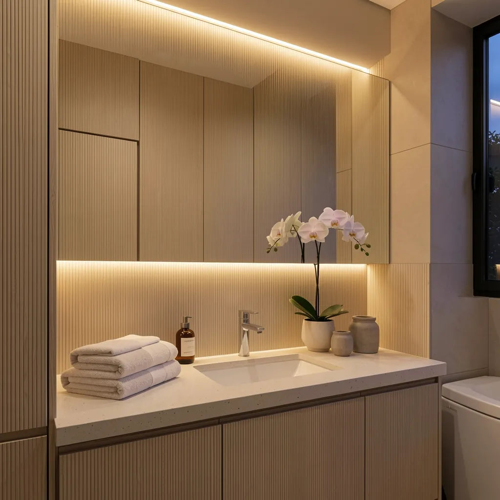 Beige textured laminate with vertical fluted pattern and matte finish.