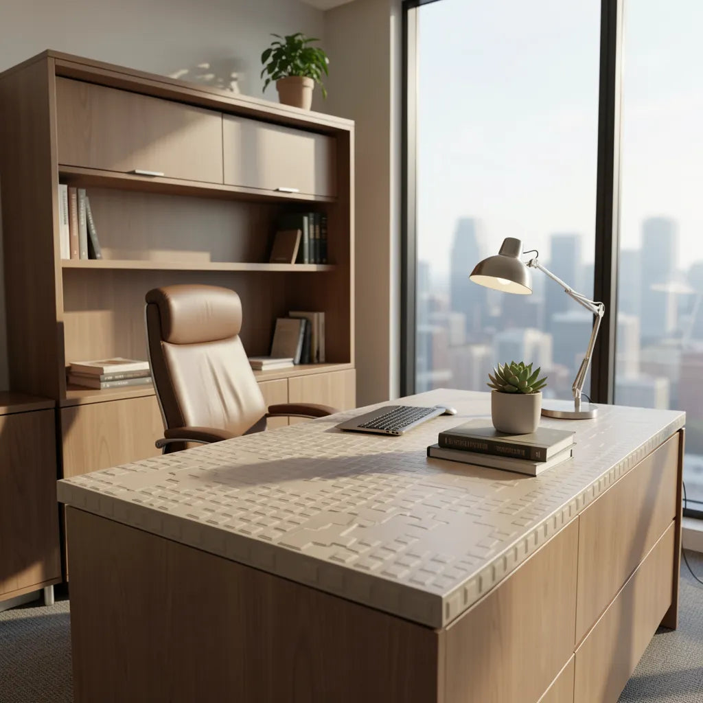 Beige laminate with textured geometric pattern of squares and interconnected lines.