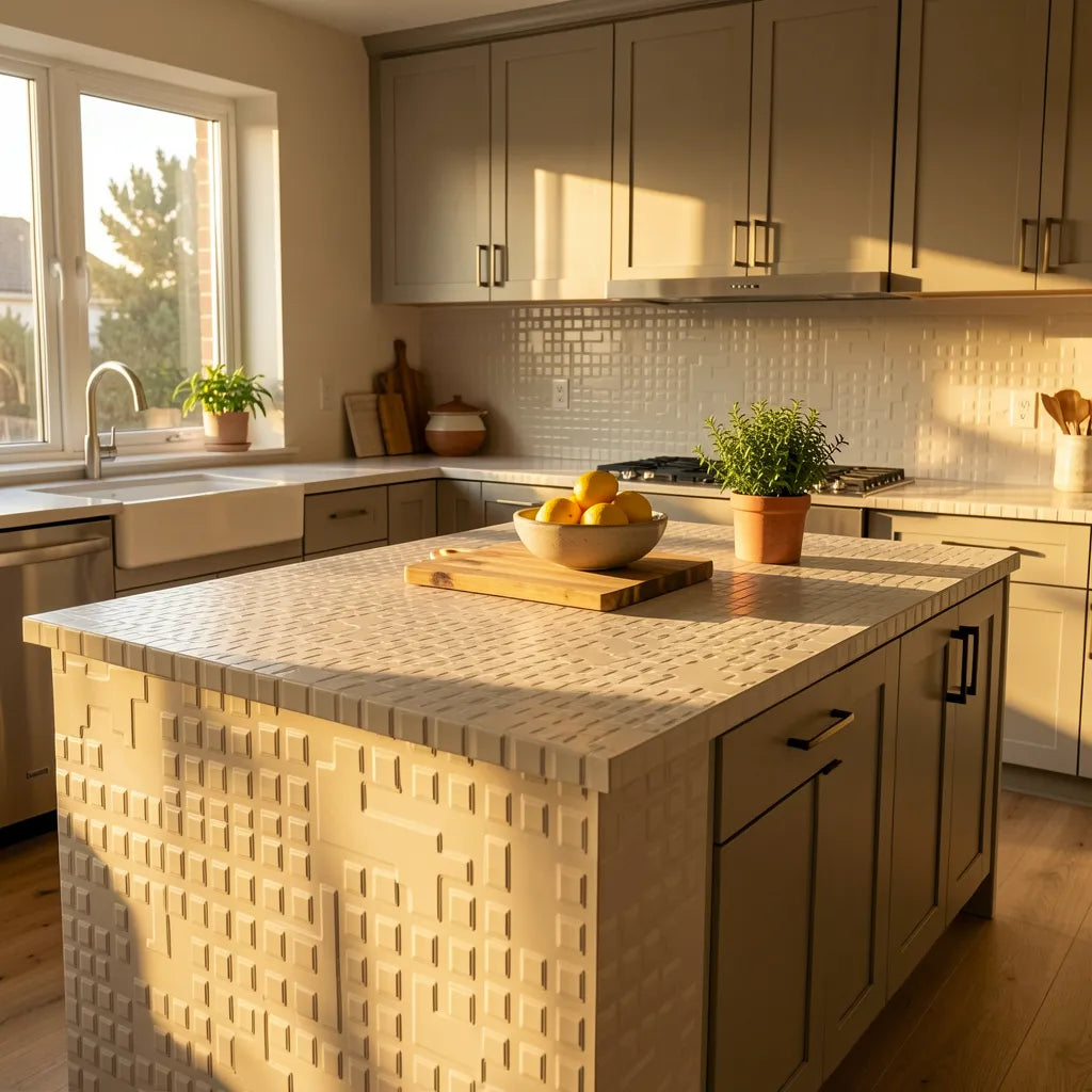 Beige laminate with textured geometric pattern of squares and interconnected lines.