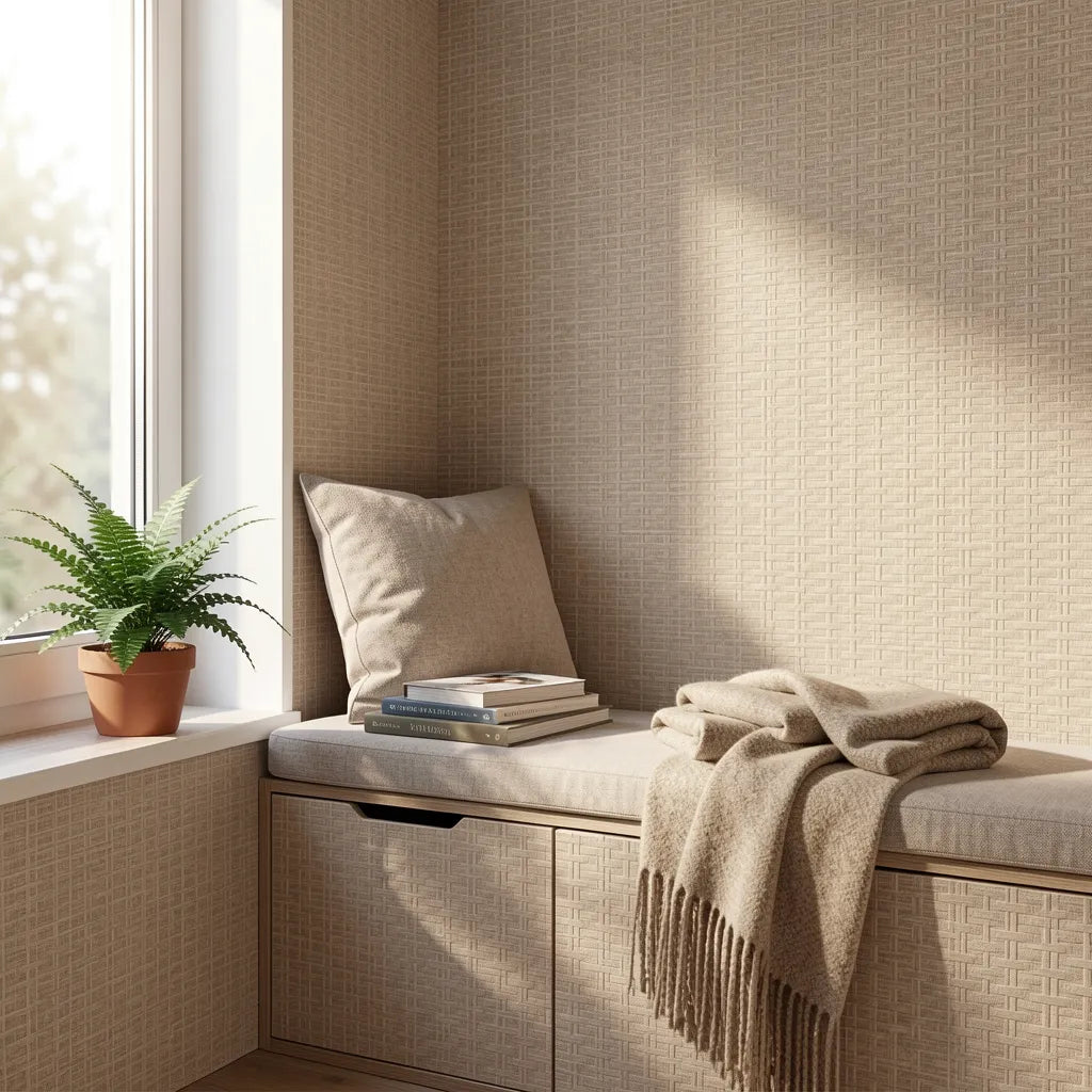 Beige textured laminate with a woven cane pattern and subtle sheen.