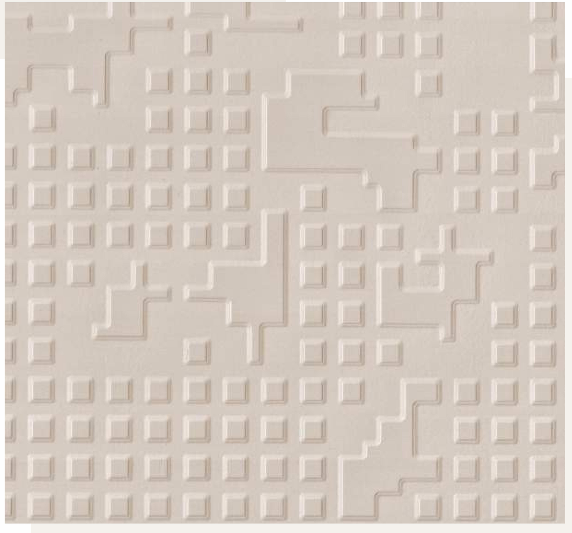 Beige laminate with textured geometric pattern of squares and interconnected lines.