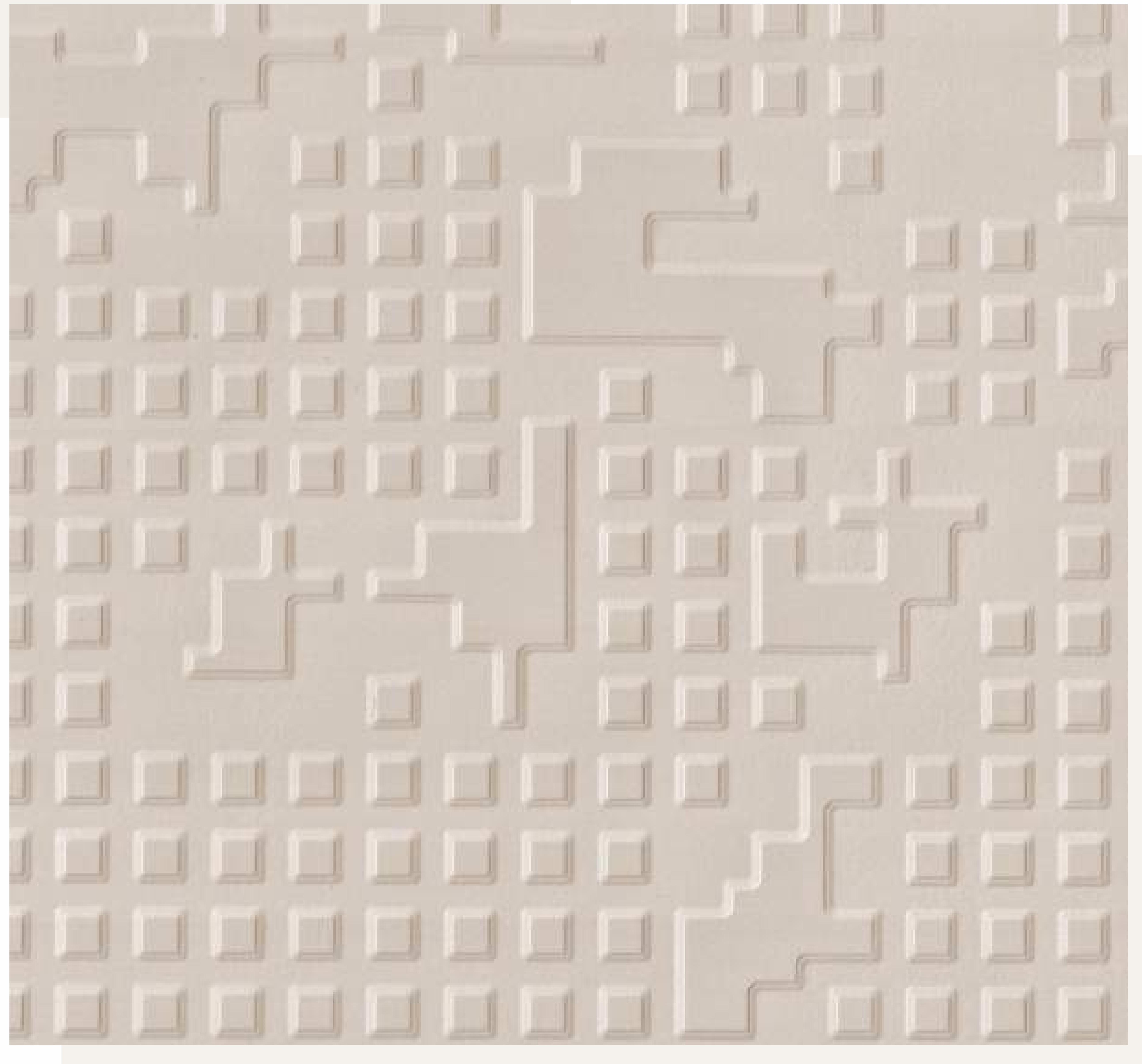 Beige laminate with textured geometric pattern of squares and interconnected lines.