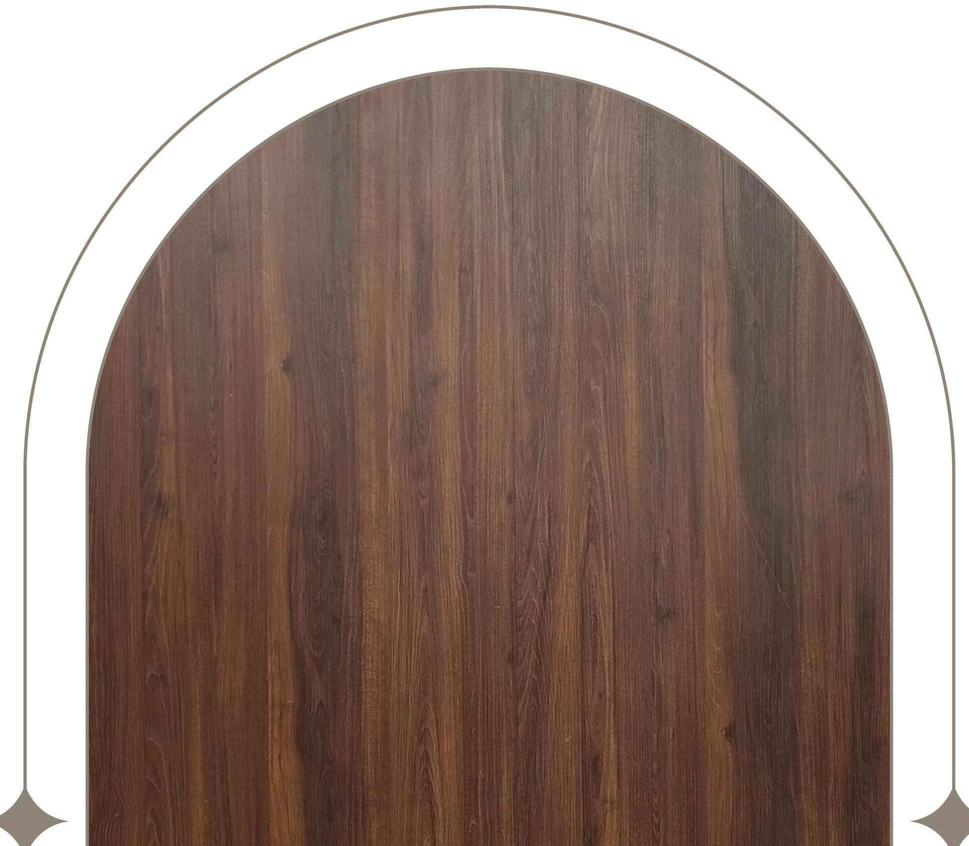 Brown wood laminate with vertical grain and textured finish in an arched frame.
