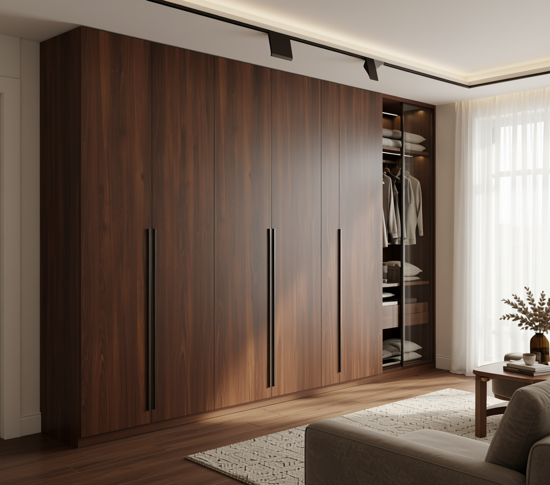 Brown wood laminate with vertical grain and textured finish in an arched frame.
