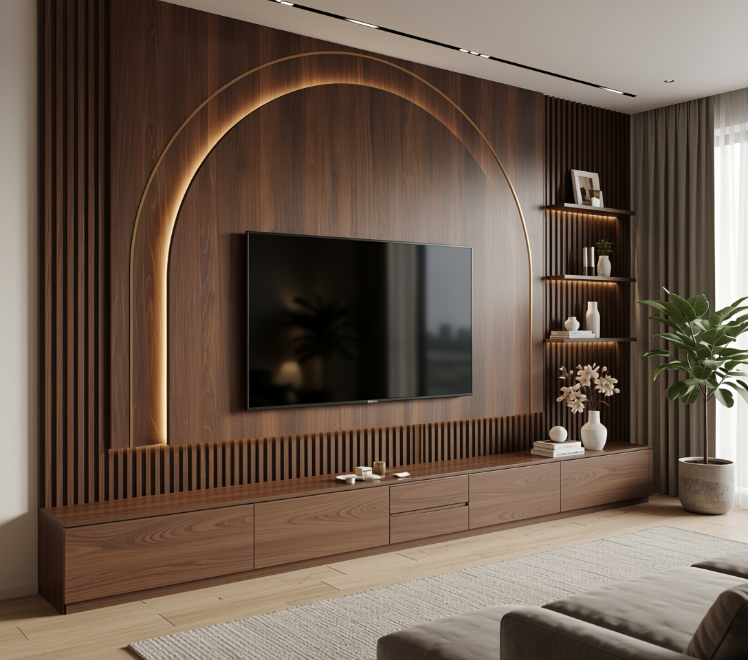 Brown wood laminate with vertical grain and textured finish in an arched frame.