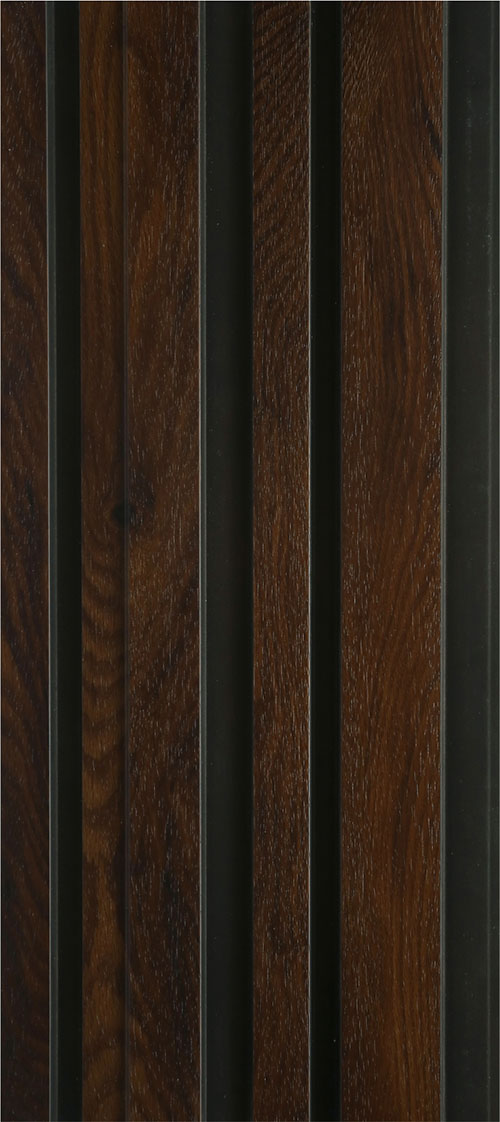 Brown wood louver panel with textured finish and visible wood grain on vertical slats with dark gaps between them