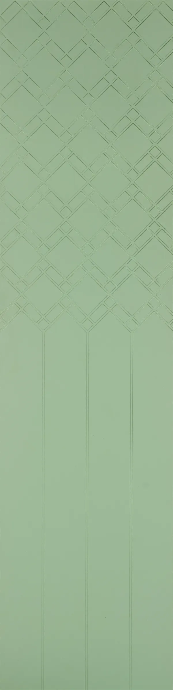 Green louver wall panel with geometric pattern and textured finish, featuring diamond shapes and vertical lines.