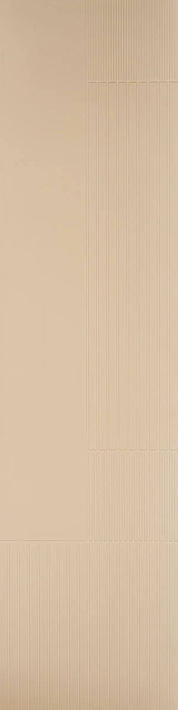 Beige fluted wall panel with textured finish and vertical grooves, showing a repeating pattern of raised and recessed lines.