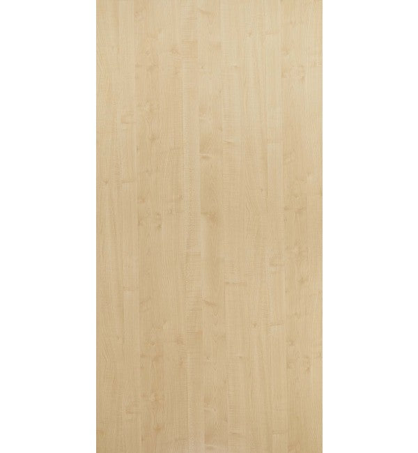 Beige wood grain decorative laminate with suede finish and subtle texture, showing vertical wood pattern and soft sheen.