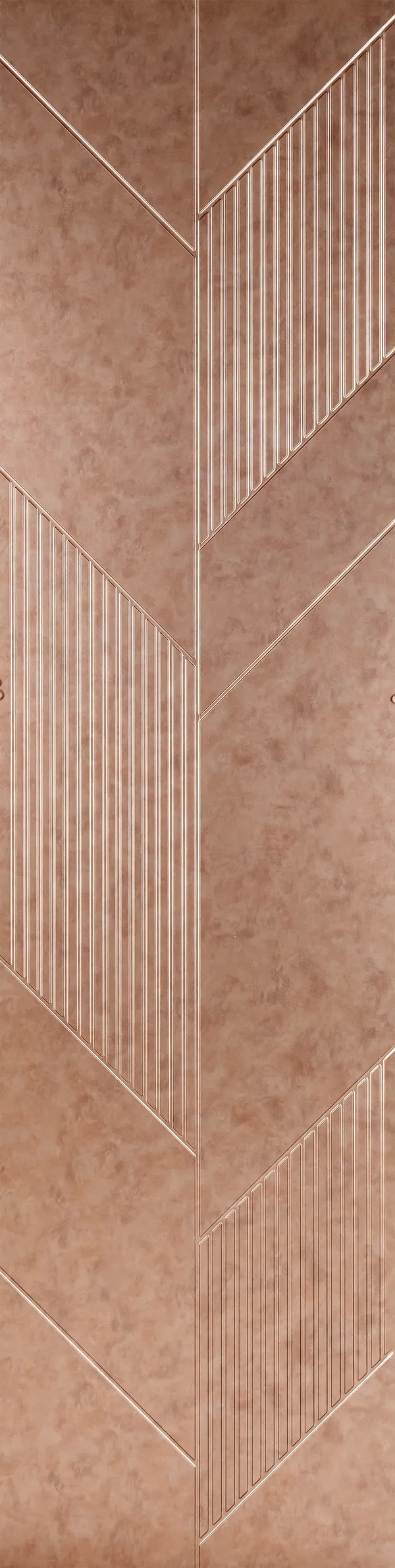Brown metallic louver panel with textured finish and geometric pattern featuring vertical slats and marbled background