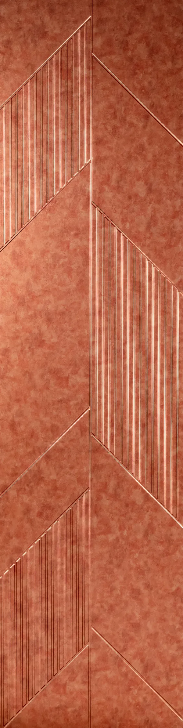 Red textured designer louver panel with geometric pattern and diagonal slats, showcasing a mottled finish and subtle sheen.