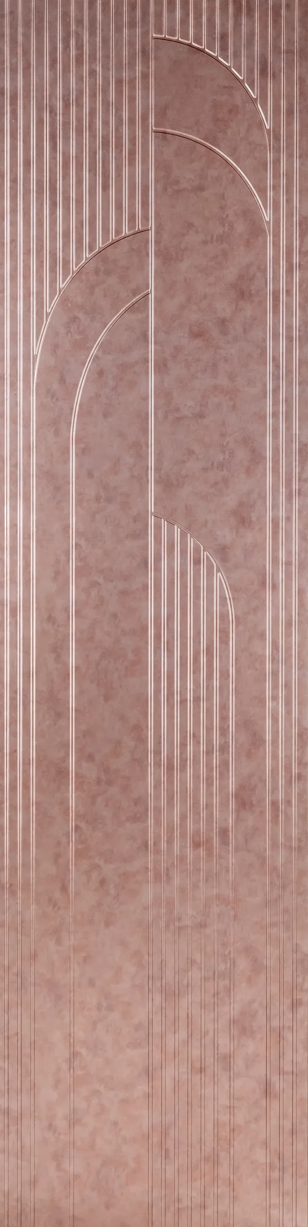 Pink designer wall panel with textured finish and geometric pattern featuring curved lines and vertical stripes.