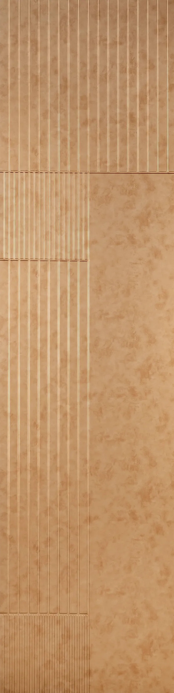 Brown textured designer louver panel with vertical slats and marbled pattern, showcasing a unique texture and pattern