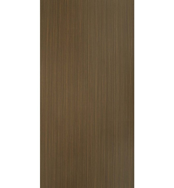 Brown wood grain decorative laminate with suede finish and vertical wood texture pattern