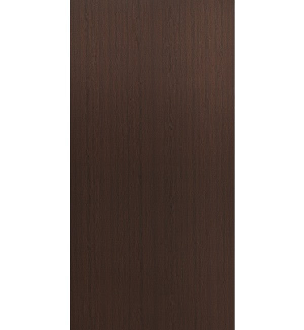 Brown wood grain decorative laminate with suede finish and vertical grain pattern.