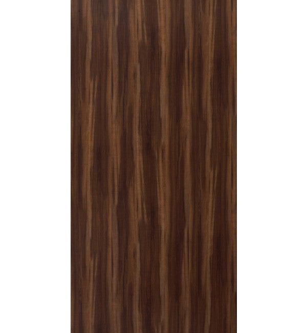 Brown wood grain decorative laminate with suede finish and vertical wood pattern texture