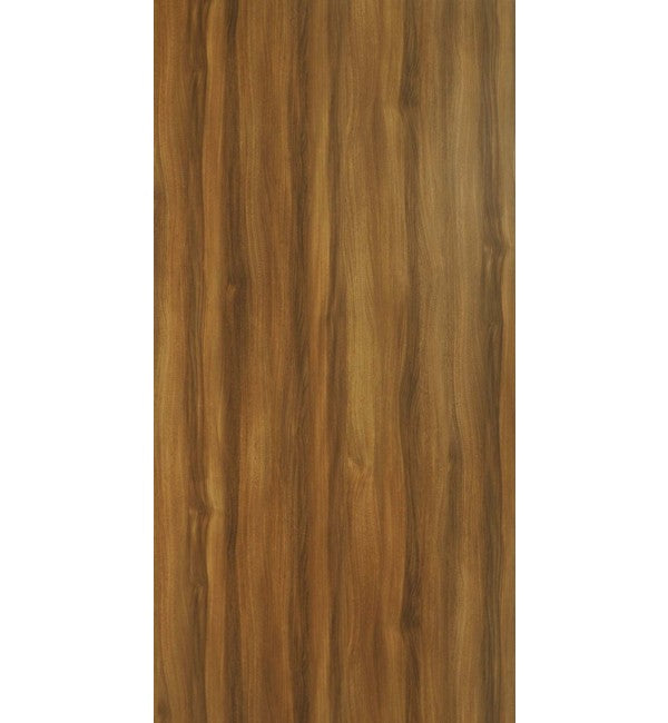 Brown wood grain decorative laminate with glossy finish and vertical wood pattern texture.