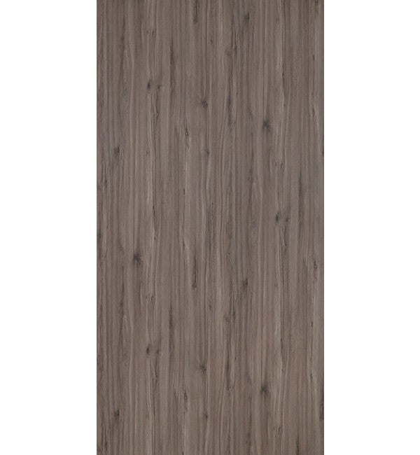 Grey wood grain decorative laminate with suede finish and vertical wood pattern texture.