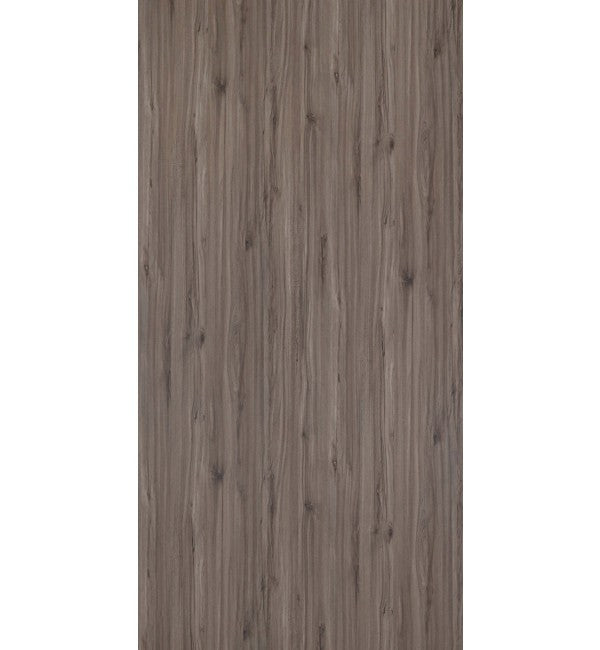 Grey wood grain decorative laminate with suede finish and textured vertical wood pattern.