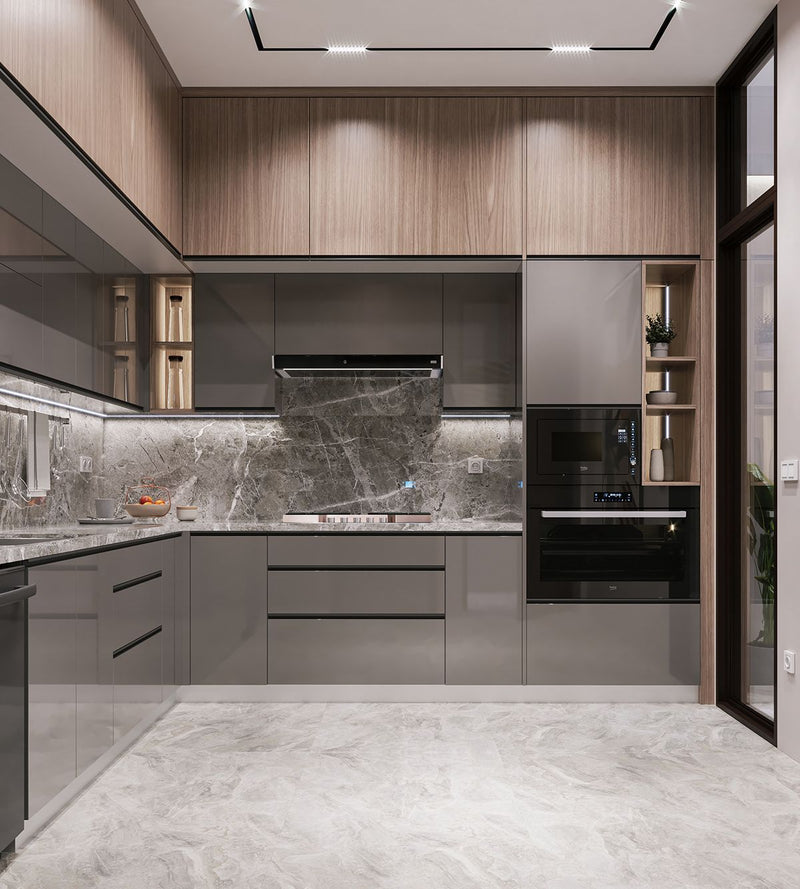 Grey high-gloss laminate and brown veneer kitchen
