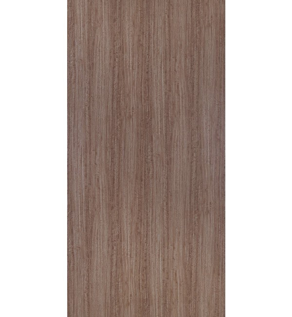 Brown wood grain decorative laminate with suede finish and vertical wood pattern texture