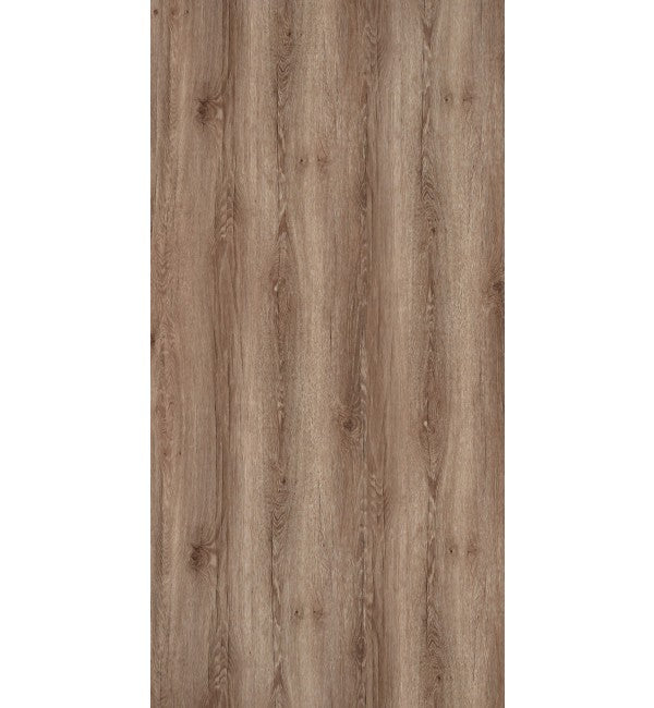 Brown wood grain decorative laminate with suede finish and vertical wood pattern texture