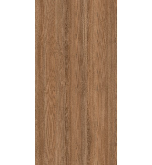 Brown wood grain decorative laminate with suede finish and vertical wood pattern texture