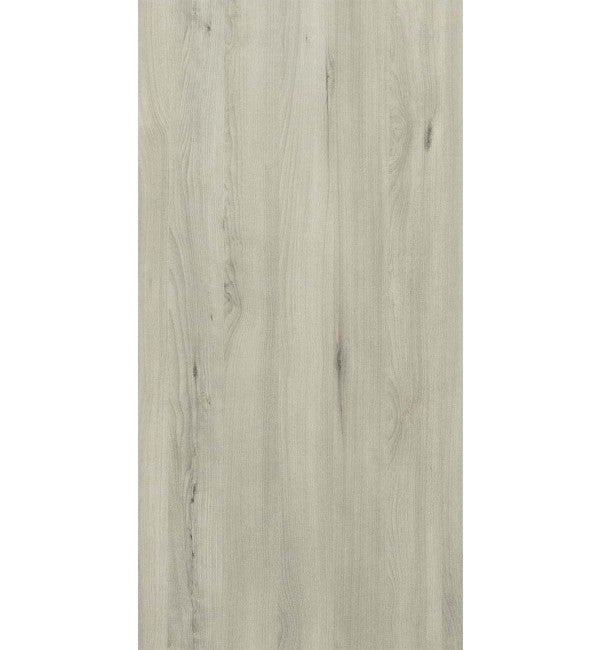 Grey wood grain decorative laminate with subtle texture and Santhia finish, showing wood pattern and slight sheen.