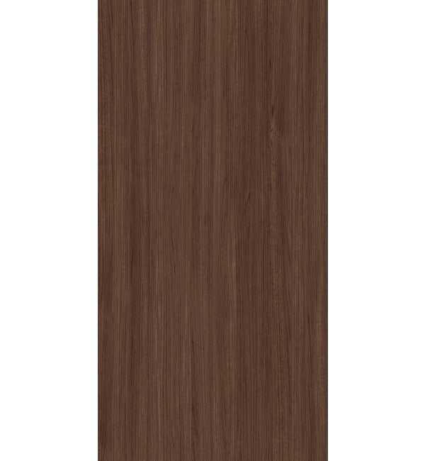 Brown wood grain decorative laminate with suede finish and vertical wood pattern texture