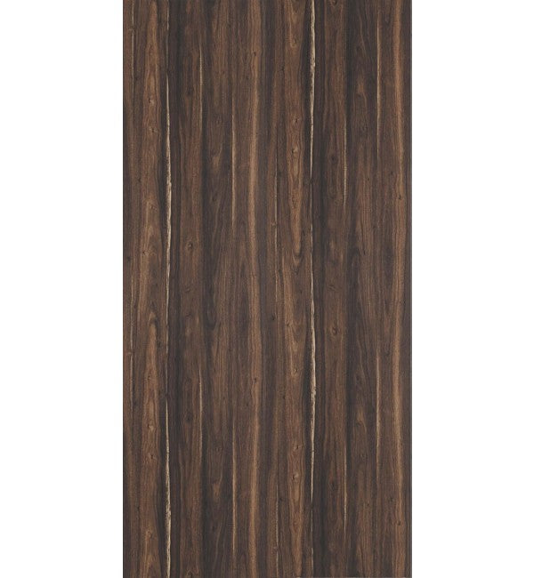 Brown wood grain decorative laminate with suede finish and vertical wood pattern texture