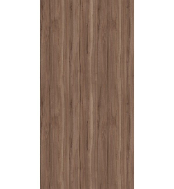 Brown wood grain decorative laminate with glossy finish and vertical wood pattern texture