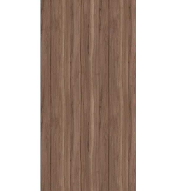 Brown wood grain decorative laminate with satin finish and vertical wood pattern texture