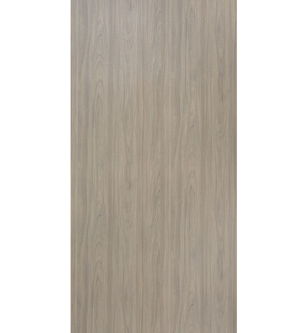 Grey wood grain decorative laminate with vertical wood pattern and subtle texture, showing standard finish and smooth