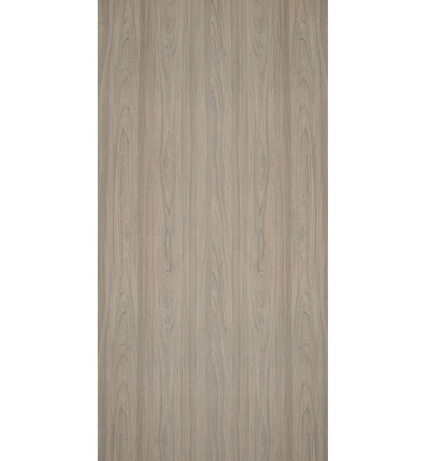 Grey wood grain decorative laminate with suede finish and vertical wood pattern texture